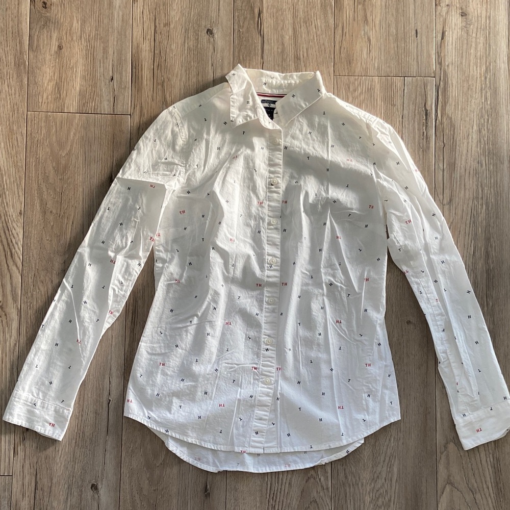 Tommy Hilfiger White Button-Down Shirt with Red & Navy Accents